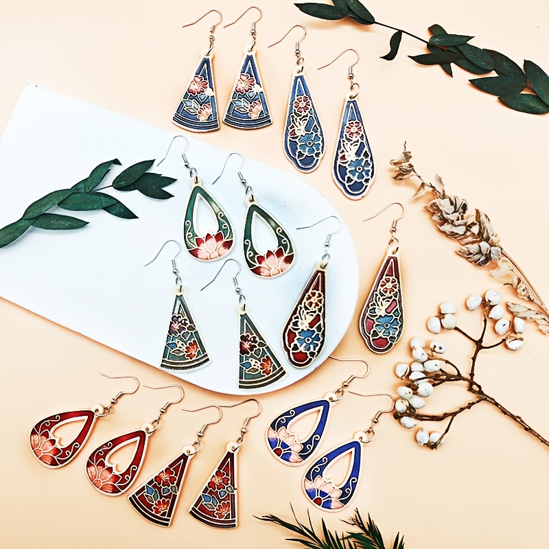 Chinese Style Floral Acrylic Water Drop Earrings Set